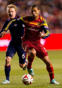 Trent Nelson  |  The Salt Lake Tribune Chivas USA's Matthew Dunn (6) defending Real Salt Lake's Álvaro Saborío (15) as Real Salt Lake faces Chivas USA at Rio Tinto Stadium in Sandy, Wednesday October 22, 2014.