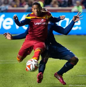 Trent Nelson  |  The Salt Lake Tribune Real Salt Lake's Joao Plata (8) takes a shot as Real Salt Lake faces Chivas USA at Rio Tinto Stadium in Sandy, Wednesday October 22, 2014.