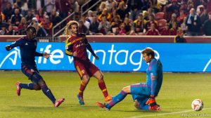 Trent Nelson  |  The Salt Lake Tribune Real Salt Lake's Kyle Beckerman (5) watches his goal go past Chivas USA goalkeeper Dan Kennedy (1), as Real Salt Lake faces Chivas USA at Rio Tinto Stadium in Sandy, Wednesday October 22, 2014.
