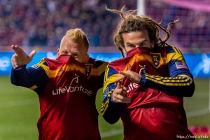 Trent Nelson  |  The Salt Lake Tribune
Real Salt Lake's Luke Mulholland (19) and Real Salt Lake's Kyle Beckerman (5) celebrate Beckerman's second half goal, as Real Salt Lake faces Chivas USA at Rio Tinto Stadium in Sandy, Wednesday October 22, 2014.