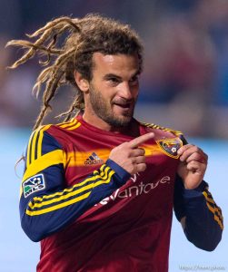 Trent Nelson  |  The Salt Lake Tribune Real Salt Lake's Kyle Beckerman (5) celebrates his second half goal as Real Salt Lake faces Chivas USA at Rio Tinto Stadium in Sandy, Wednesday October 22, 2014.
