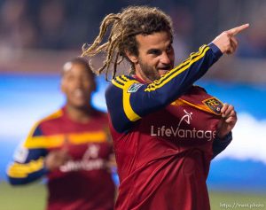 Trent Nelson  |  The Salt Lake Tribune Real Salt Lake's Kyle Beckerman (5) celebrates his second half goal as Real Salt Lake faces Chivas USA at Rio Tinto Stadium in Sandy, Wednesday October 22, 2014.