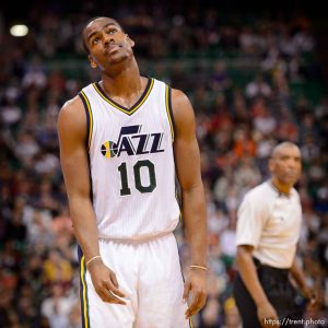 Trent Nelson  |  The Salt Lake Tribune Utah Jazz guard Alec Burks (10) reacts after fouling Houston Rockets guard James Harden (13), as the Utah Jazz host the Houston Rockets, NBA basketball at EnergySolutions Arena in Salt Lake City, Wednesday October 29, 2014.