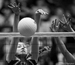 Trent Nelson  |  The Salt Lake Tribune Panguitch's Darri Frandsen (10) makes a block as Panguitch faces Piute High School in the championship match of the State 1A Volleyball Tournament at Utah Valley University in Provo, Saturday November 1, 2014.