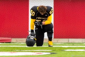 Trent Nelson  |  The Salt Lake Tribune
Roy's Bridger Gray takes a quiet moment before faceing Corner Canyon High School in a  4A state football semifinal game at Rice-Eccles Stadium in Salt Lake City, Friday November 14, 2014.