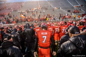 Trent Nelson  |  The Salt Lake Tribune
Utah Utes quarterback Travis Wilson (7) and the team sings 