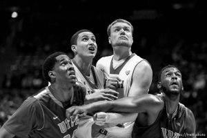 Trent Nelson  |  The Salt Lake Tribune
Utah Utes forward Kyle Kuzma (35) and forward Jeremy Olsen (41) look for the rebound as the University of Utah Utes host the UT Pan American Broncs, NCAA basketball at the Huntsman Center in Salt Lake City, Wednesday November 26, 2014.