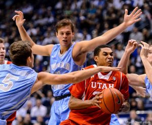 Trent Nelson  |  The Salt Lake Tribune Utah Utes guard Kenneth Ogbe (25) drives to the basket as BYU hosts Utah, college basketball at the Marriott Center in Provo, Wednesday December 10, 2014.