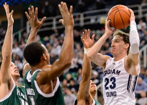 Trent Nelson  |  The Salt Lake Tribune Brigham Young Cougars guard Skyler Halford (23) faces a row of Hawaii defenders as BYU faces Hawaii, college basketball at EnergySolutions Arena in Salt Lake City, Saturday December 6, 2014.