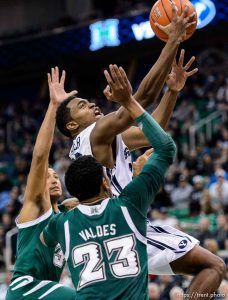 Trent Nelson  |  The Salt Lake Tribune Brigham Young Cougars guard Anson Winder (20) shoots over Hawaii Warriors guard Aaron Valdes (23) as BYU faces Hawaii, college basketball at EnergySolutions Arena in Salt Lake City, Saturday December 6, 2014.