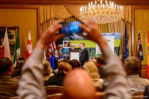 Trent Nelson  |  The Salt Lake Tribune Janice Shaw Crouse, Allan Carlson, and Stanford Swim pose for a photograph as the World Congress of Families IX hold a press conference at the Grand America Hotel in Salt Lake City, Tuesday May 12, 2015 to talk about their upcoming October conference.