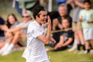 Trent Nelson  |  The Salt Lake Tribune Skyline's Sheldon Martineau (13) celebrates his goal in a first round Class 4A soccer state game between Wasatch and Skyline High School, in Salt Lake City, Wednesday May 13, 2015.