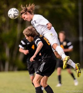 Trent Nelson  |  The Salt Lake Tribune Skyline's Tyler Kalakish (29) heads the ball in a first round Class 4A soccer state game between Wasatch and Skyline High School, in Salt Lake City, Wednesday May 13, 2015.