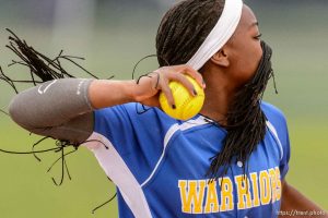 Trent Nelson  |  The Salt Lake Tribune Taylorsville's Jazmyn Rollin throws the ball during a 5A softball tournament second-round game between defending champion Lehi and No. 1 seed Taylorsville, Thursday May 14, 2015.