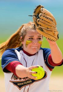 Trent Nelson  |  The Salt Lake Tribune Herriman pitcher Bryce Taylor (18). Herriman vs. Copper Hills High School softball, in West Valley City, Thursday May 21, 2015.