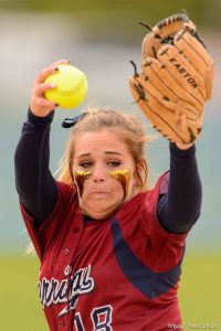 Trent Nelson  |  The Salt Lake Tribune Herriman pitcher Bryce Taylor (18) in action as Herriman faces Lehi in the 5A high school softball championship game, in West Valley City, Friday May 22, 2015.