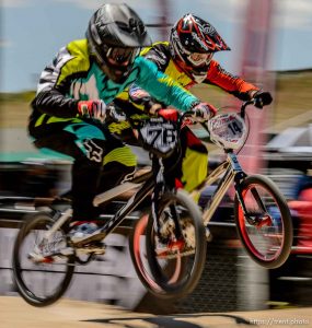 Trent Nelson  |  The Salt Lake Tribune Corey Salas and Zachary Vankammen in a tight race, competing in the 19-27 expert age class at the U.S. BMX National Series at Rad Canyon BMX in South Jordan, Saturday June 13, 2015.