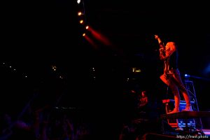 Trent Nelson  |  The Salt Lake Tribune Joe Hottinger and Lzzy Hale on stage as Halestorm performs at Saltair, Wednesday June 3, 2015.