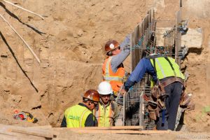 Trent Nelson  |  The Salt Lake Tribune Workers from Phaze Concrete on the construction site of the new Rawlins High School in Rawlins, Wyoming, Tuesday June 30, 2015.