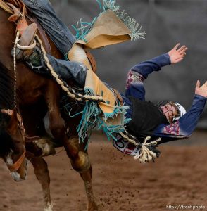 Trent Nelson  |  The Salt Lake Tribune Pake Rockhill competes in Saddle Bronc at the Utah High School Rodeo Association state championships in Heber, Saturday June 6, 2015.