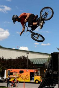 Trent Nelson  |  The Salt Lake Tribune Garrett Holm performs during a show put on by 5050BMX at the Salt Lake County Fair in South Jordan, Wednesday August 12, 2015. The fair opened Wednesday, celebrating its 79th year with events, rides, exhibitions and activities designed to be “fun for the whole herd.”