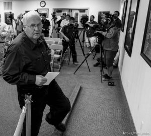 Trent Nelson  |  The Salt Lake Tribune Hildale Mayor Philip Barlow leaves a press conference after nine people were killed and five remained missing Tuesday morning, the day after an SUV and a van were washed off a road during a flash flood in this polygamous Utah-Arizona border community.