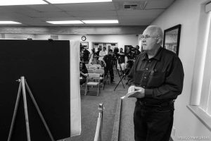 Trent Nelson  |  The Salt Lake Tribune Hildale Mayor Philip Barlow, flash flood press conference at colorado city hall,  Tuesday September 15, 2015. Eight people had died and five remained missing Tuesday morning, the day after an SUV and a van were washed off a road during a flash flood in this polygamous Utah-Arizona border community