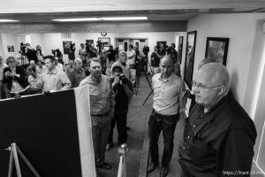 Trent Nelson  |  The Salt Lake Tribune Hildale Mayor Philip Barlow, Lt. Governor Spencer Cox, flash flood press conference at colorado city hall,  Tuesday September 15, 2015. Eight people had died and five remained missing Tuesday morning, the day after an SUV and a van were washed off a road during a flash flood in this polygamous Utah-Arizona border community