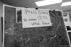 Trent Nelson  |  The Salt Lake Tribune map, sign, flash flood press conference at colorado city hall,  Tuesday September 15, 2015. Eight people had died and five remained missing Tuesday morning, the day after an SUV and a van were washed off a road during a flash flood in this polygamous Utah-Arizona border community