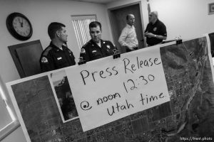 Trent Nelson  |  The Salt Lake Tribune Lt. Governor Spencer Cox in white, flash flood press conference at colorado city hall,  Tuesday September 15, 2015. Eight people had died and five remained missing Tuesday morning, the day after an SUV and a van were washed off a road during a flash flood in this polygamous Utah-Arizona border community