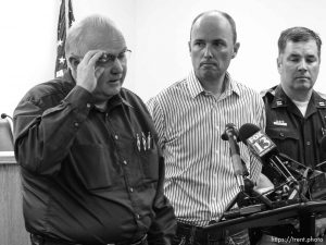 Trent Nelson  |  The Salt Lake Tribune Hildale Mayor Philip Barlow, left, speaks with Utah Lt. Governor Spencer Cox at right, after nine people were killed and five remained missing Tuesday morning, the day after an SUV and a van were washed off a road during a flash flood in this polygamous Utah-Arizona border community.
