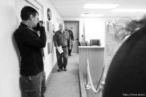 Trent Nelson  |  The Salt Lake Tribune Hildale Mayor Phillip Barlow speaks at a press conference regarding the continued search after a flash flood. Colorado City, Wednesday September 16, 2015. city manager raymond barlow in front. scott winterton at left