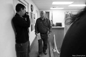 Trent Nelson  |  The Salt Lake Tribune Hildale Mayor Phillip Barlow speaks at a press conference regarding the continued search after a flash flood. Colorado City, Wednesday September 16, 2015. city manager raymond barlow in front. scott winterton at left