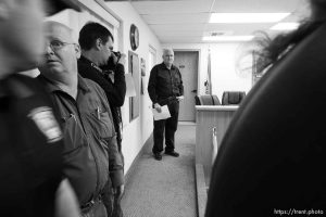 Trent Nelson  |  The Salt Lake Tribune Hildale Mayor Philip Barlow speaks at a press conference regarding the continued search after a flash flood. Colorado City, Wednesday September 16, 2015. city manager raymond barlow at left. scott winterton