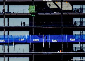 Trent Nelson  |  The Salt Lake Tribune Workers on the job building 111 Main, a new high-rise in Salt Lake City, Tuesday September 22, 2015.