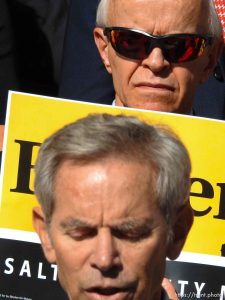 Trent Nelson  |  The Salt Lake Tribune Salt Lake City Mayor Ralph Becker speaks in front of supporters gathered on the steps of the City and County Building as he kicks off the second phase of his re-election campaign, in Salt Lake City, Tuesday September 8, 2015.