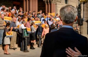 Trent Nelson  |  The Salt Lake Tribune
Salt Lake City Mayor Ralph Becker prepares to speak in front of supporters gathered on the steps of the City and County Building as he kicks off the second phase of his re-election campaign, in Salt Lake City, Tuesday September 8, 2015.