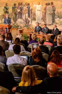 Trent Nelson  |  The Salt Lake Tribune New LDS apostles, from left, Ronald A. Rasband, Gary E. Stevenson, and Dale G. Renlund, are introduced at a press conference during the 185th Semiannual General Conference of the LDS Church in Salt Lake City, Saturday October 3, 2015.