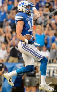 Trent Nelson  |  The Salt Lake Tribune Brigham Young Cougars wide receiver Mitch Mathews (10) celebrates a touchdown as BYU hosts East Carolina, college football at LaVell Edwards Stadium in Provo, Saturday October 10, 2015.