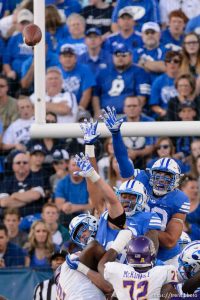 Trent Nelson  |  The Salt Lake Tribune extra point block attempt as BYU hosts East Carolina, college football at LaVell Edwards Stadium in Provo, Saturday October 10, 2015.