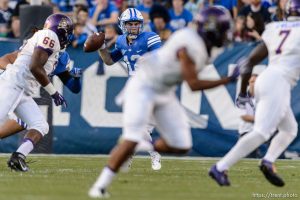 Trent Nelson  |  The Salt Lake Tribune Brigham Young Cougars quarterback Tanner Mangum (12) looks to pass as BYU hosts East Carolina, college football at LaVell Edwards Stadium in Provo, Saturday October 10, 2015.
