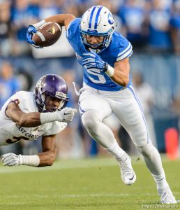 Trent Nelson  |  The Salt Lake Tribune Brigham Young Cougars wide receiver Nick Kurtz (5) runs the ball as BYU hosts East Carolina, college football at LaVell Edwards Stadium in Provo, Saturday October 10, 2015.
