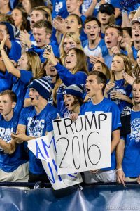 Trent Nelson  |  The Salt Lake Tribune byu fan with donald trump 2016 sign, as BYU hosts East Carolina, college football at LaVell Edwards Stadium in Provo, Saturday October 10, 2015.