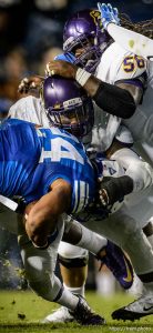 Trent Nelson  |  The Salt Lake Tribune Brigham Young Cougars running back Algernon Brown (24) is tackled as BYU hosts East Carolina, college football at LaVell Edwards Stadium in Provo, Saturday October 10, 2015.