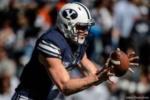 Trent Nelson  |  The Salt Lake Tribune Brigham Young Cougars quarterback Beau Hoge (7) takes a snap as BYU hosts Wagner, NCAA football at LaVell Edwards Stadium in Provo, Saturday October 24, 2015.