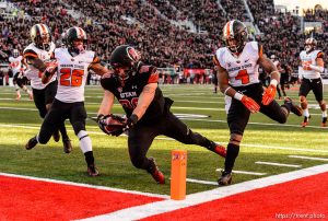Trent Nelson  |  The Salt Lake Tribune Utah Utes tight end Harrison Handley (88) dives into the end zone for a first quarter touchdown as the University of Utah hosts Oregon State, NCAA football at Rice-Eccles Stadium in Salt Lake City, Saturday October 31, 2015.