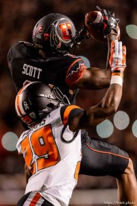 Trent Nelson  |  The Salt Lake Tribune Utah Utes wide receiver Kenneth Scott (2) pulls in a pass over Oregon State Beavers cornerback Dwayne Williams (29) as the University of Utah hosts Oregon State, NCAA football at Rice-Eccles Stadium in Salt Lake City, Saturday October 31, 2015.