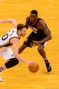 Trent Nelson  |  The Salt Lake Tribune Utah Jazz forward Gordon Hayward Portland's Al-Farouq Aminu as the Utah Jazz host the Portland Trail Blazers, NBA Basketball at Vivint Smart Home Arena in Salt Lake City, Wednesday November 4, 2015.