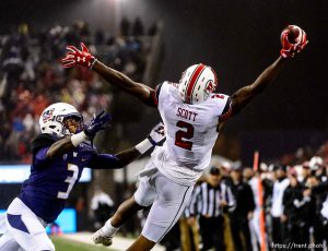 Trent Nelson  |  The Salt Lake Tribune
Utah Utes wide receiver Kenneth Scott (2) reaches out for a one-handed grab as the University of Utah faces the University of Washington, NCAA football at Husky Stadium in Seattle, Saturday November 7, 2015. Defending is Washington Huskies defensive back Darren Gardenhire (3).
