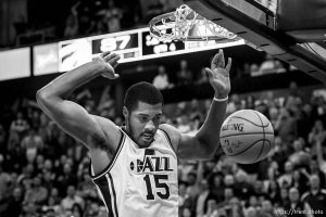 Trent Nelson  |  The Salt Lake Tribune Utah Jazz forward Derrick Favors (15) gives the Jazz a 4-point lead with less than 24 seconds to go as the Utah Jazz host the Toronto Raptors, NBA basketball at Vivint Smart Home Arena in Salt Lake City, Wednesday November 18, 2015.